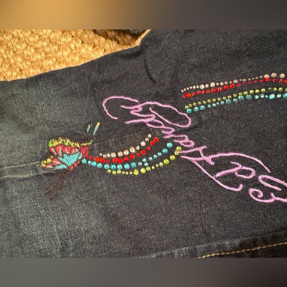VTG Ed Hardy INSANE y2k butterfly embroidered pearl snap denim shirt size m - Picture 10 of 15